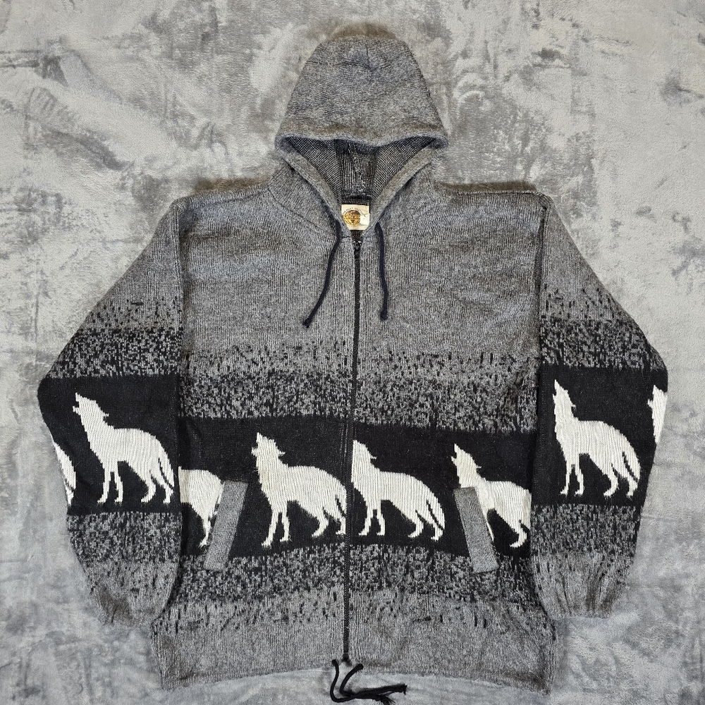 Vintage Earth Ragz Gray Wolf Pattern Hooded Full Zip Fleece Sweater Size XL